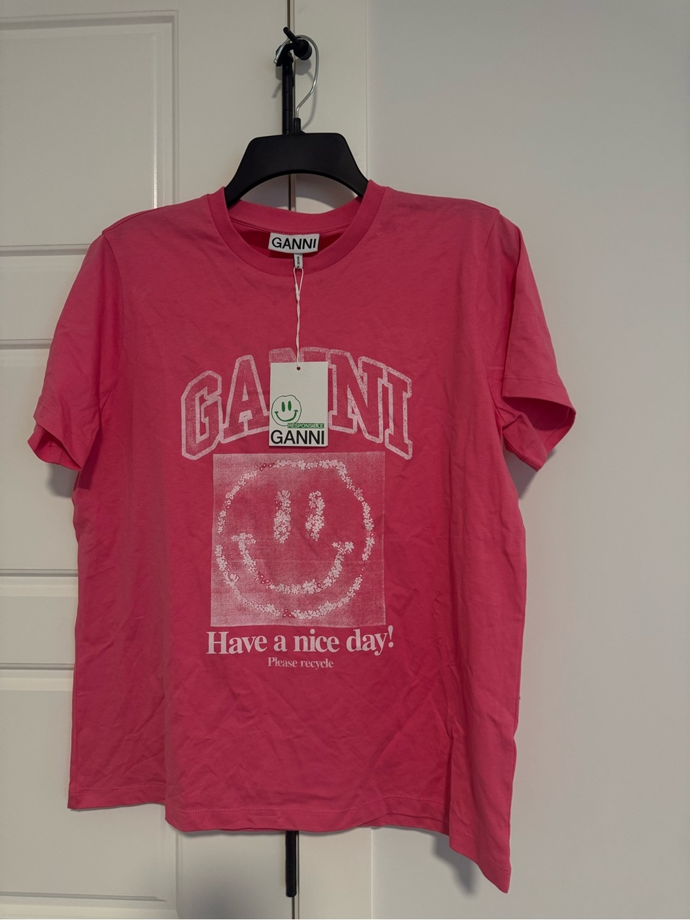 Ganni Hot Pink Smiley Graphic Tee-Size M